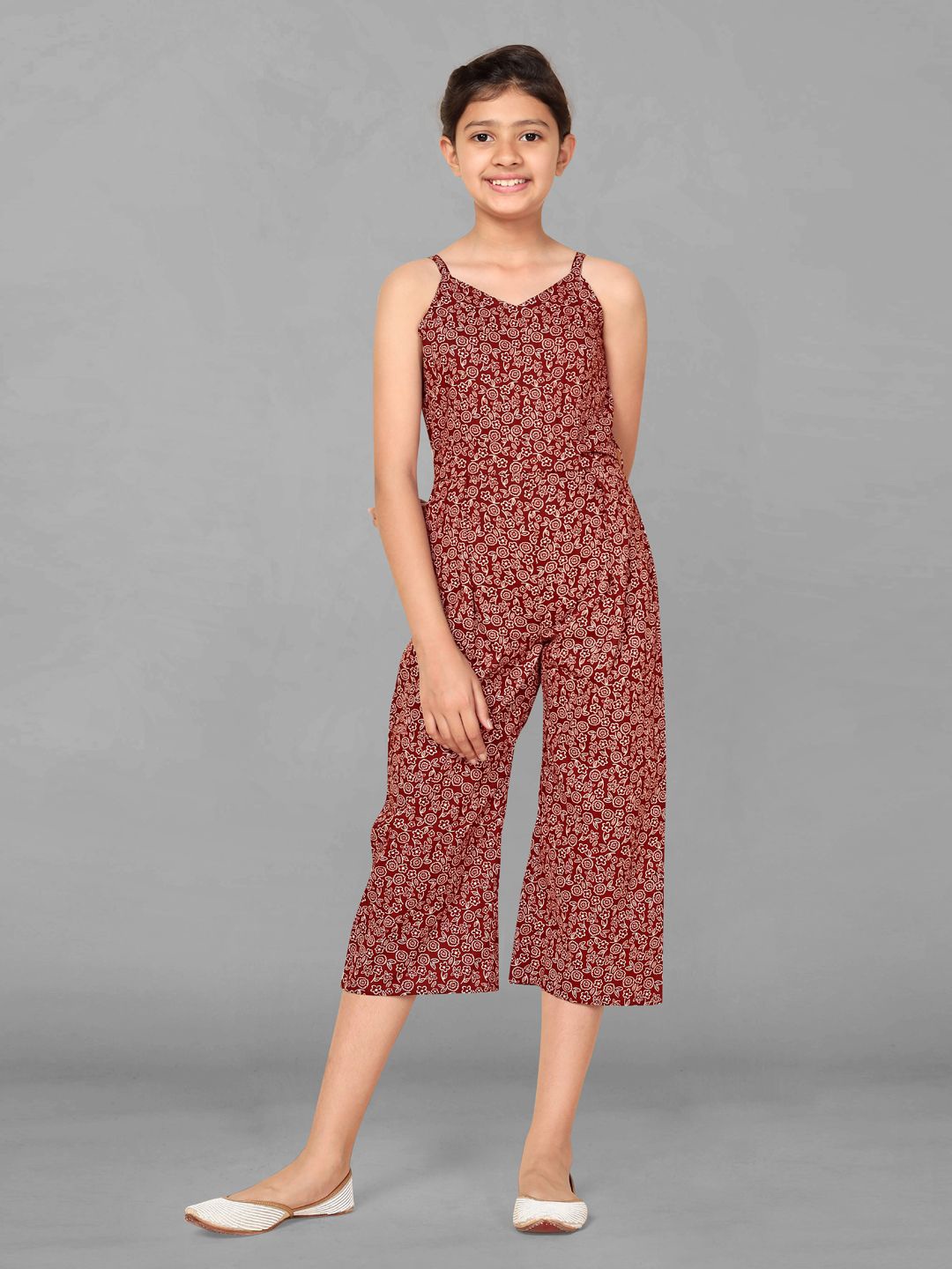 

BAESD Girls Floral Printed Shoulder Straps Cotton Capri Jumpsuit, Maroon