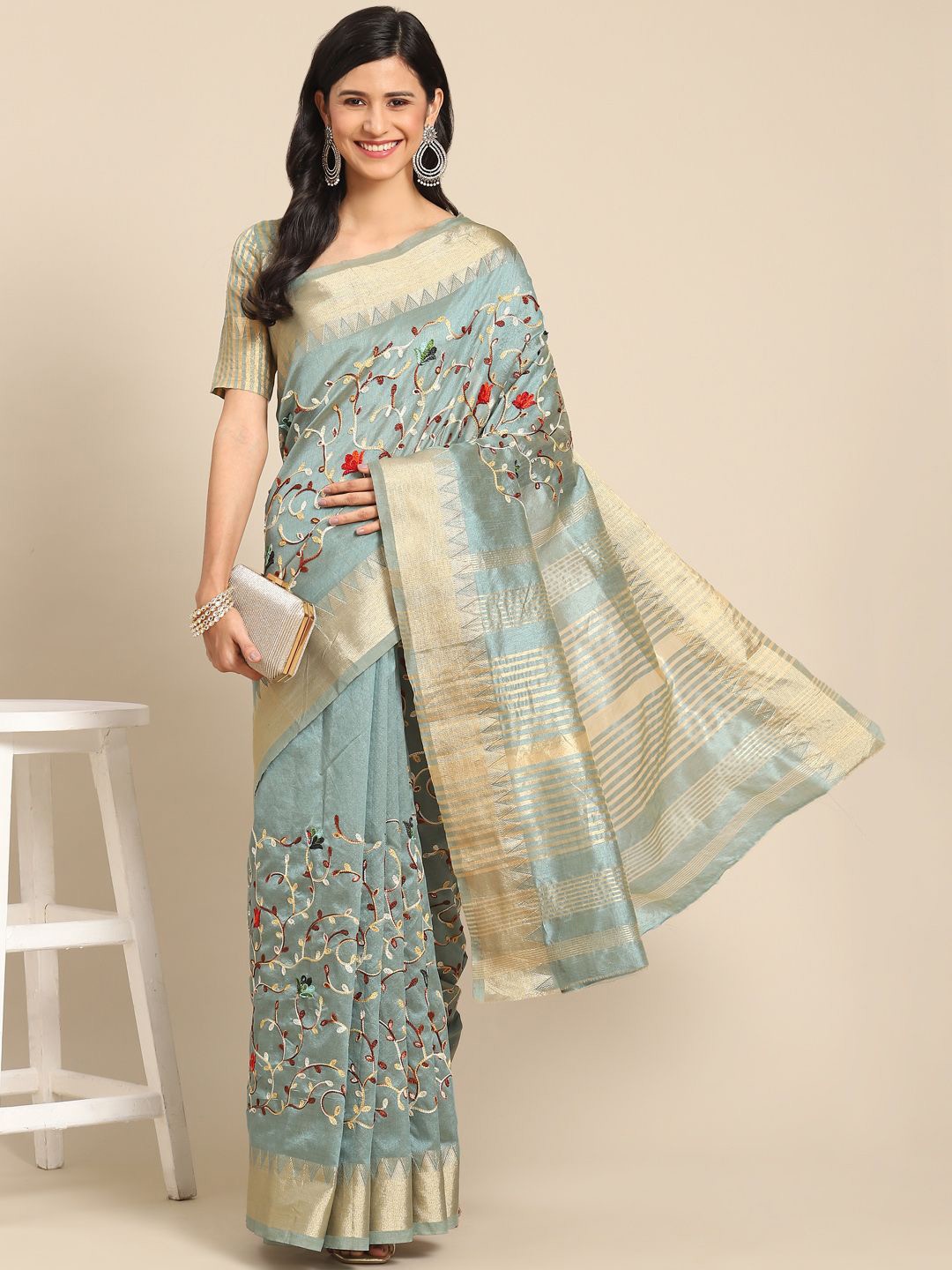 

KALINI Embroidered Floral Mysore Silk Saree, Blue