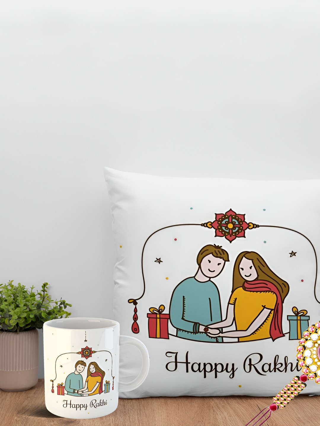

ARTBUG Set of 3 Rakhi With Printed Cushion Cover & Mug, Gold