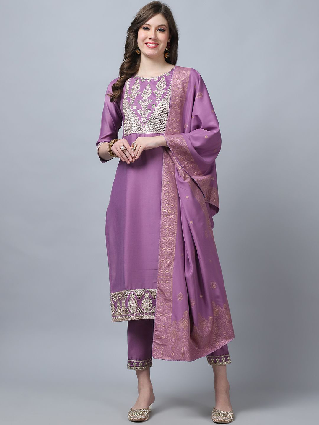 

KALINI Ethnic Motifs Yoke Design Pure Silk Straight Kurta with Trousers & Dupatta, Pink