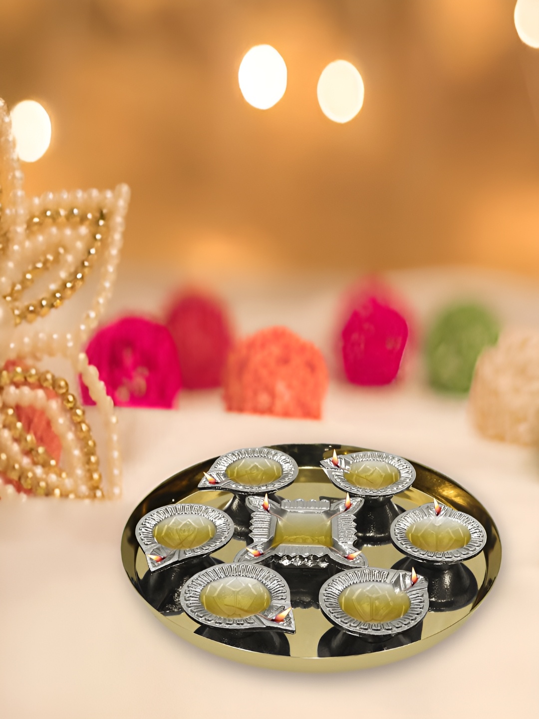 

Metalsmith Silver Toned 8 Pieces Diyas With Thaali