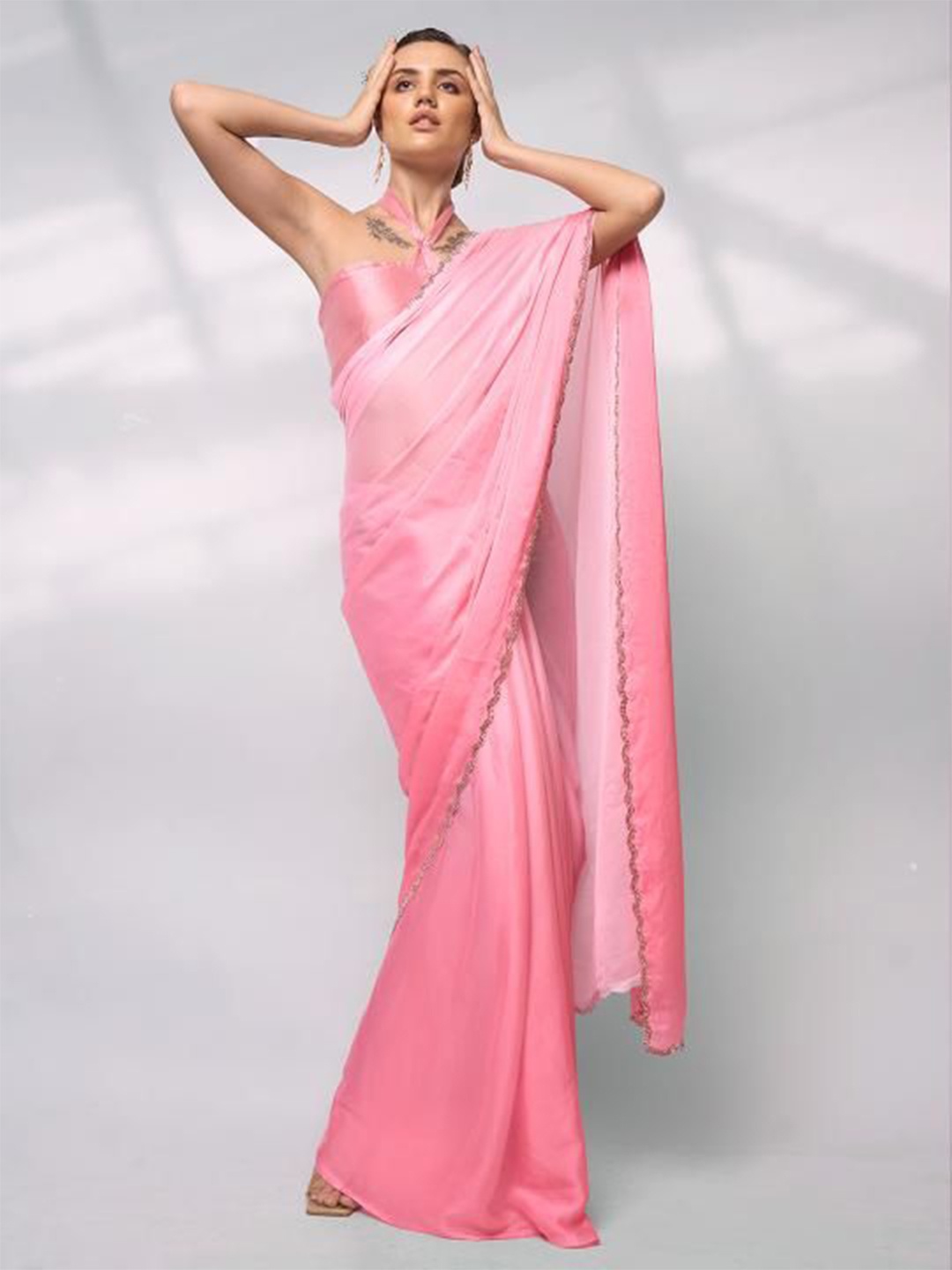 

Kalista Solid Beads and Stones Satin Saree, Pink