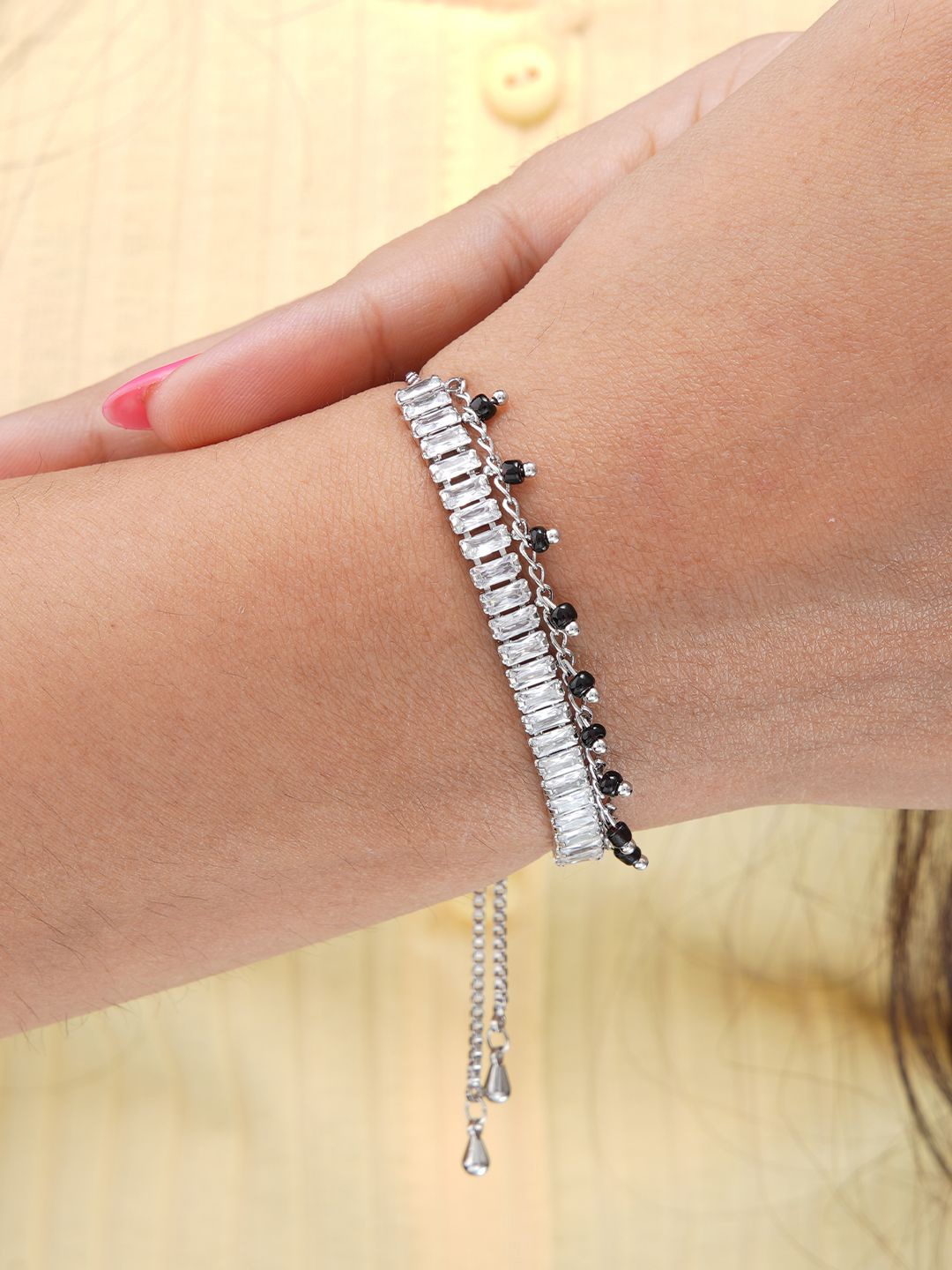 SWASHAA Dia Cubic Zirconia Silver Plated Stainless Steel Mangalsutra Bracelet
