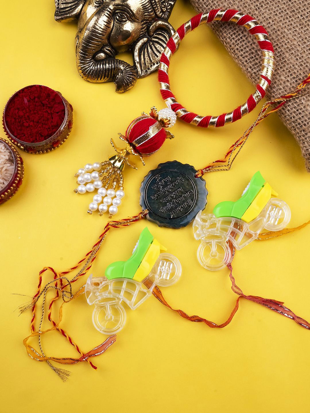 

StileAdda Kids Set of 3 Bhai Bhabhi Family Rakhis With Roli Chawal, Green