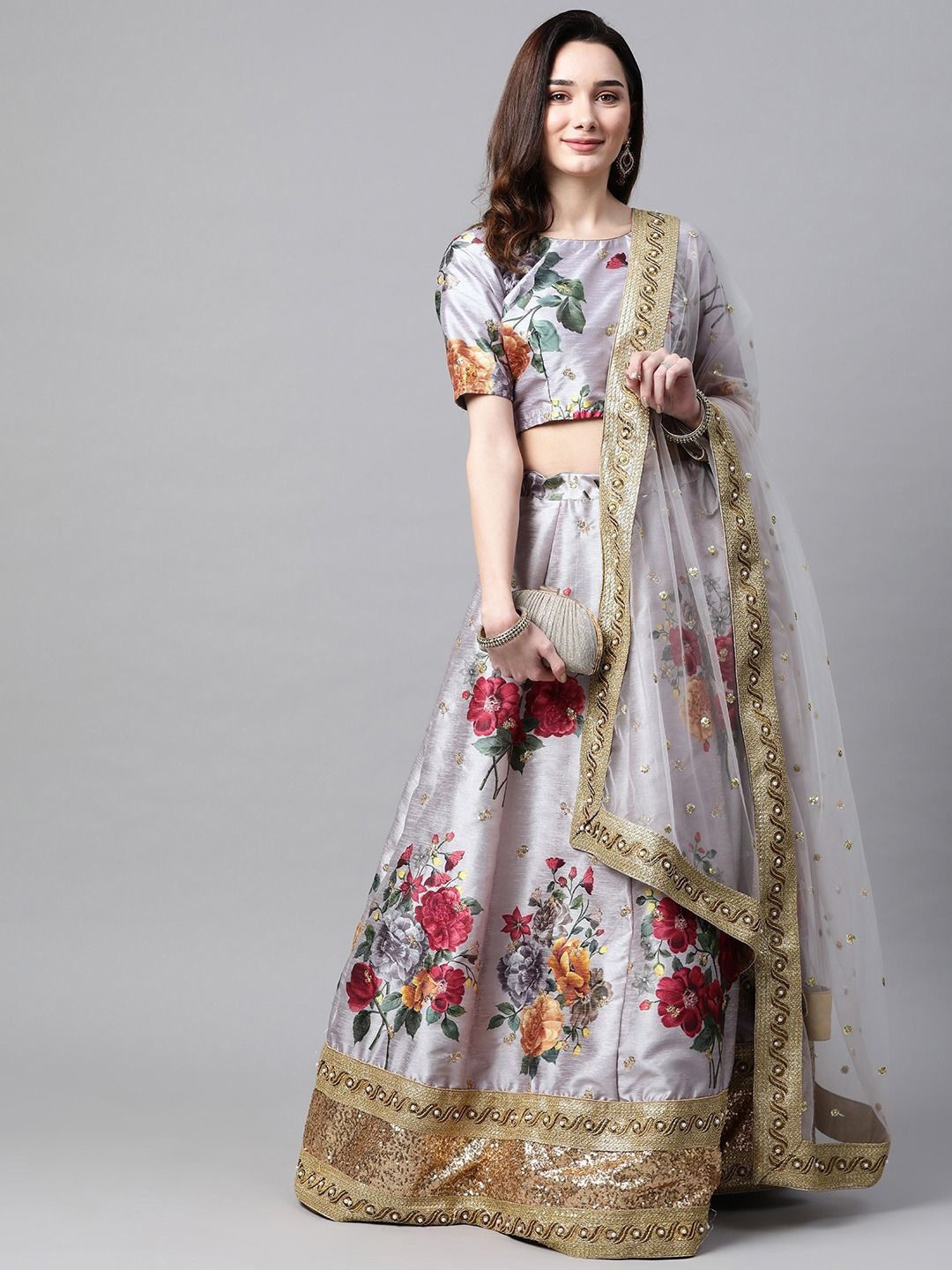 

FABPIXEL Printed Sequinned Silk Semi Stitched Lehenga & Unstitched Blouse With Dupatta, Grey