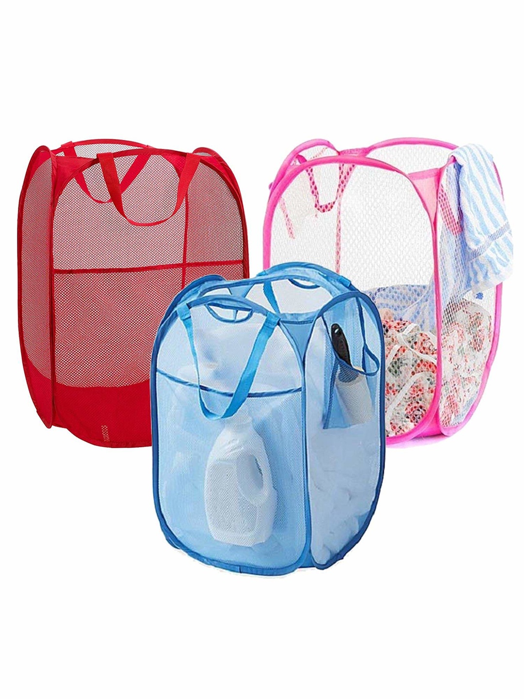 

Kuber Industries Pink & Blue 3 Pieces Mesh Laundry Basket 20ltr