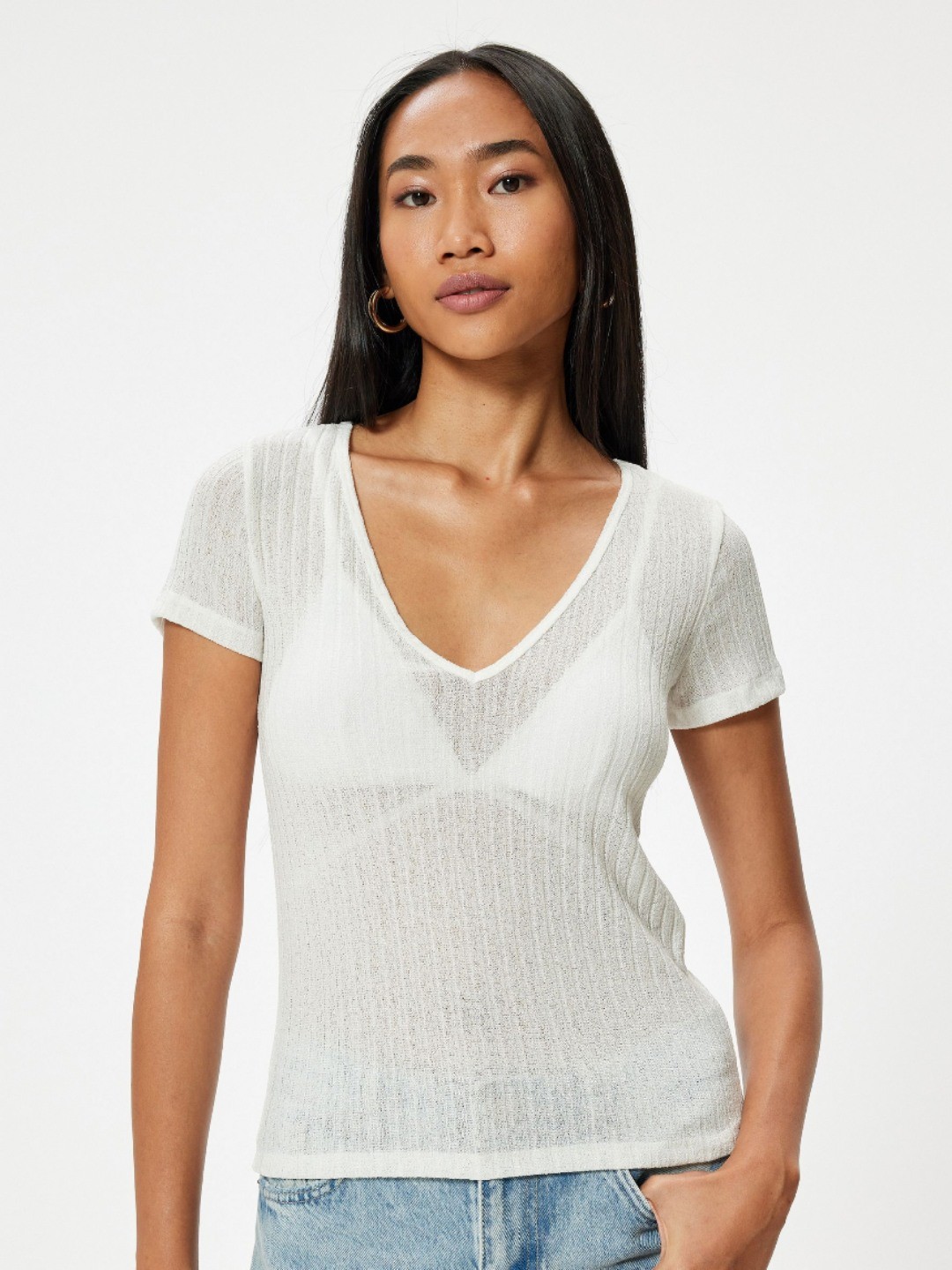 

Koton Women Solid V-Neck T-Shirt, White