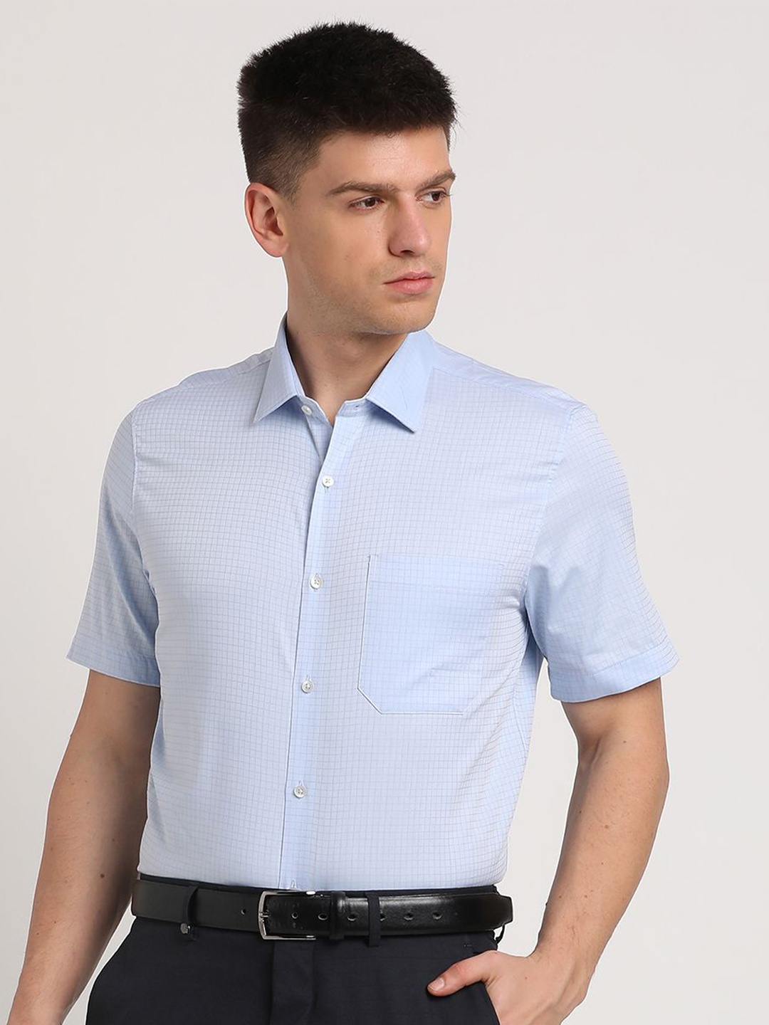 

Turtle Men Standard Micro Checked Cotton Slim Fit Formal Shirt, Blue