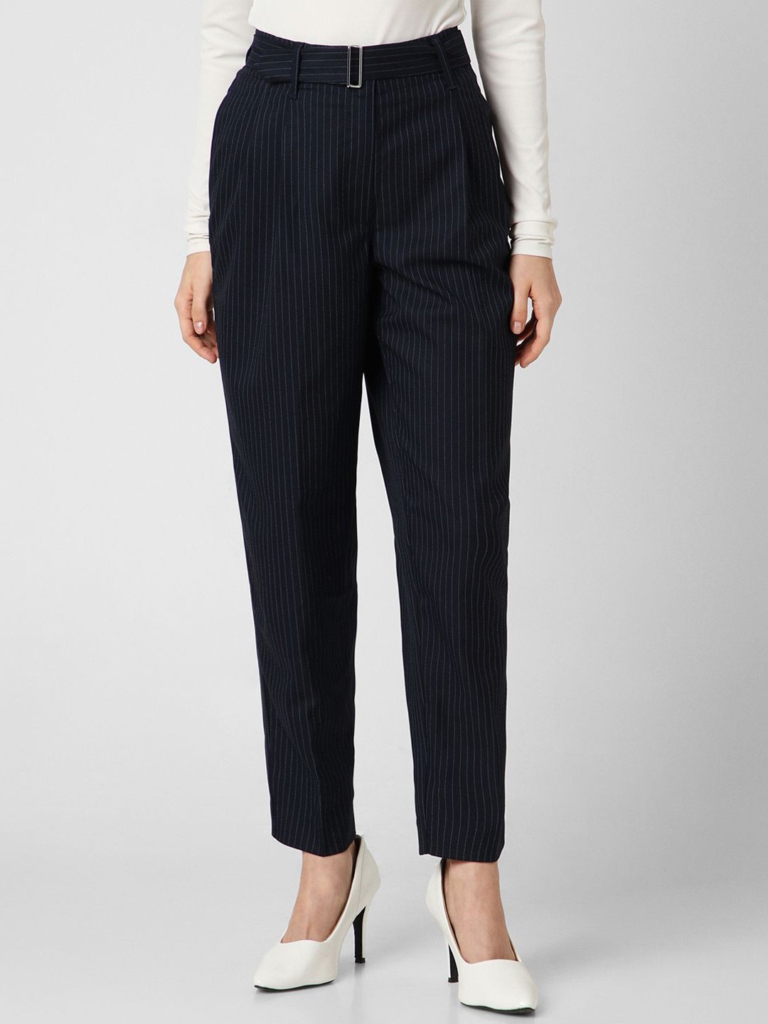 

Van Heusen Woman High Rise Pleated Stripe Trousers, Navy blue