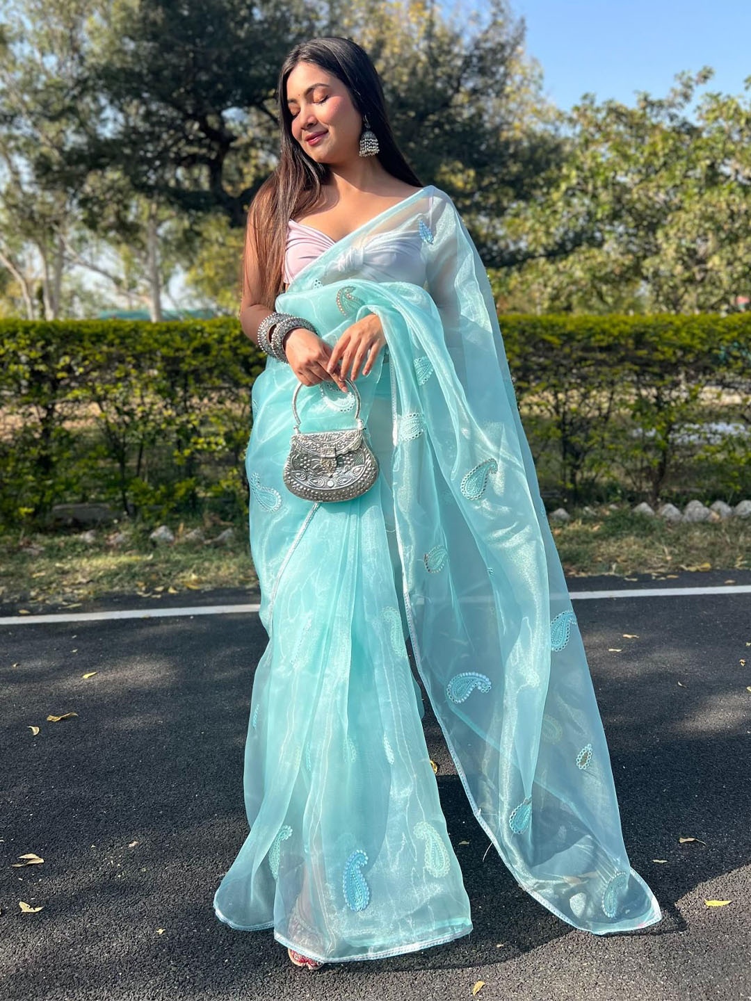 

Kalista Embroidered Organza Saree, Turquoise blue