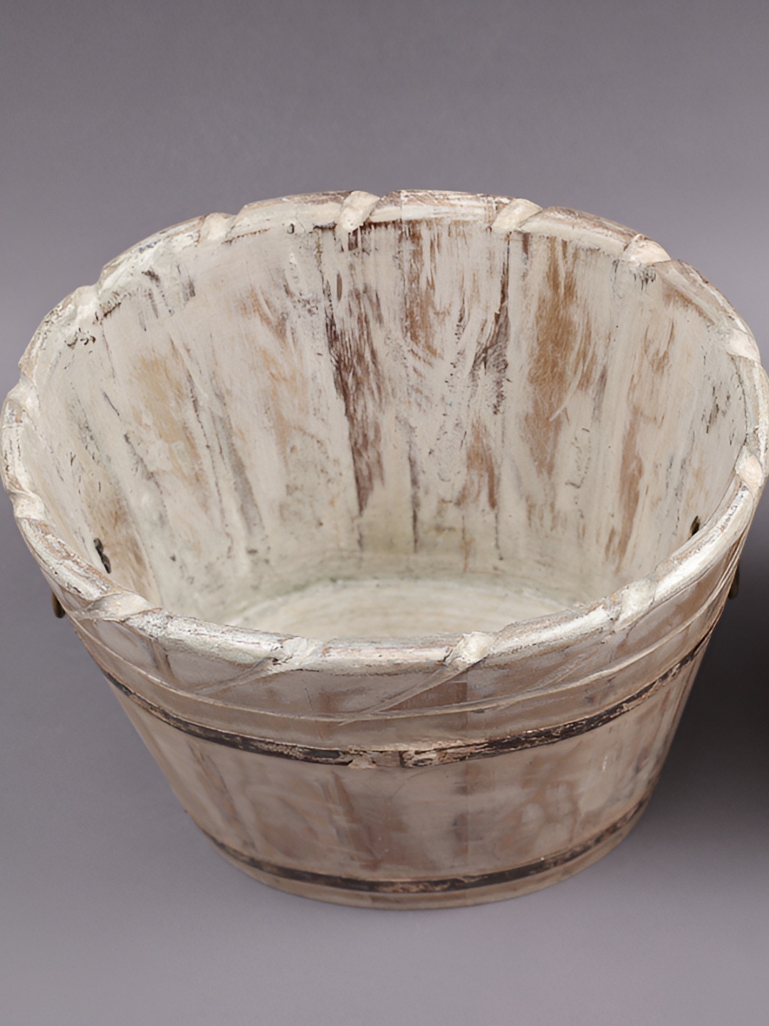 

Exotic India Set of 2 Bucket Design Wooden Planters with Brass Work - Made In India, Beige