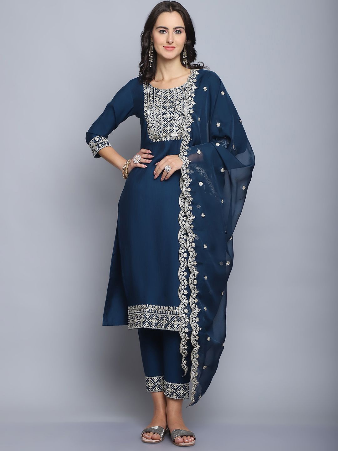 

KALINI Ethnic Motifs Embroidered Pure Silk Kurta with Trousers & Dupatta, Navy blue