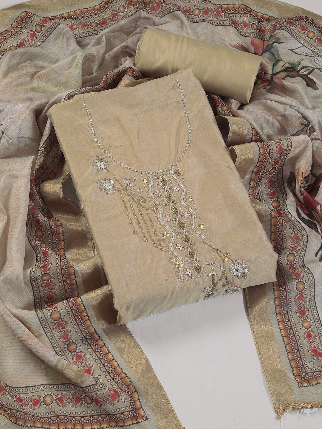 

KALINI Embroidered Beads and Stones Unstitched Dress Material, Beige