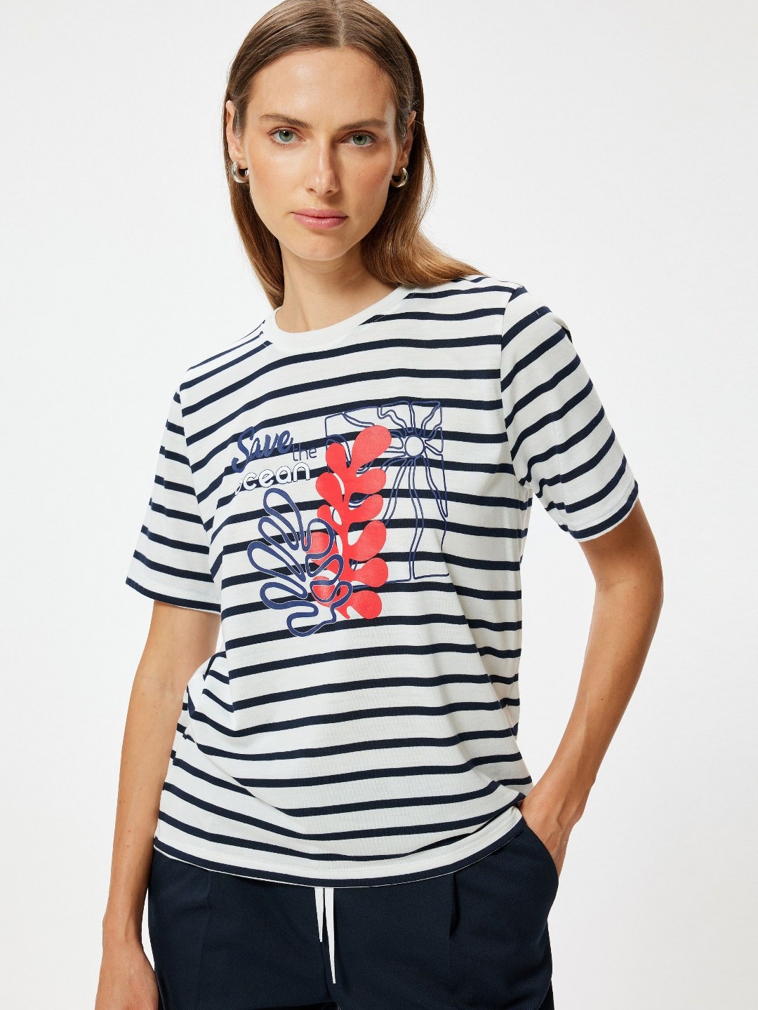 

Koton Women Striped Round Neck T-Shirt, Blue