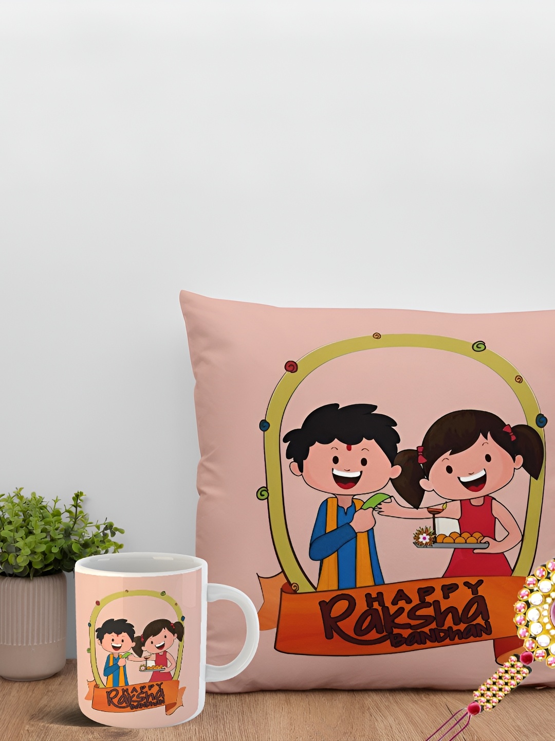 

ARTBUG Set Of 3 Rakhi With Printed Mug & Cushion, Gold