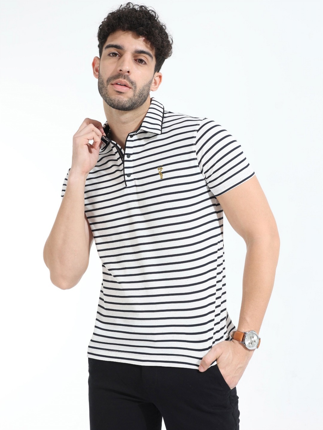

STELLERS Men Striped Polo Collar T-Shirt, Black