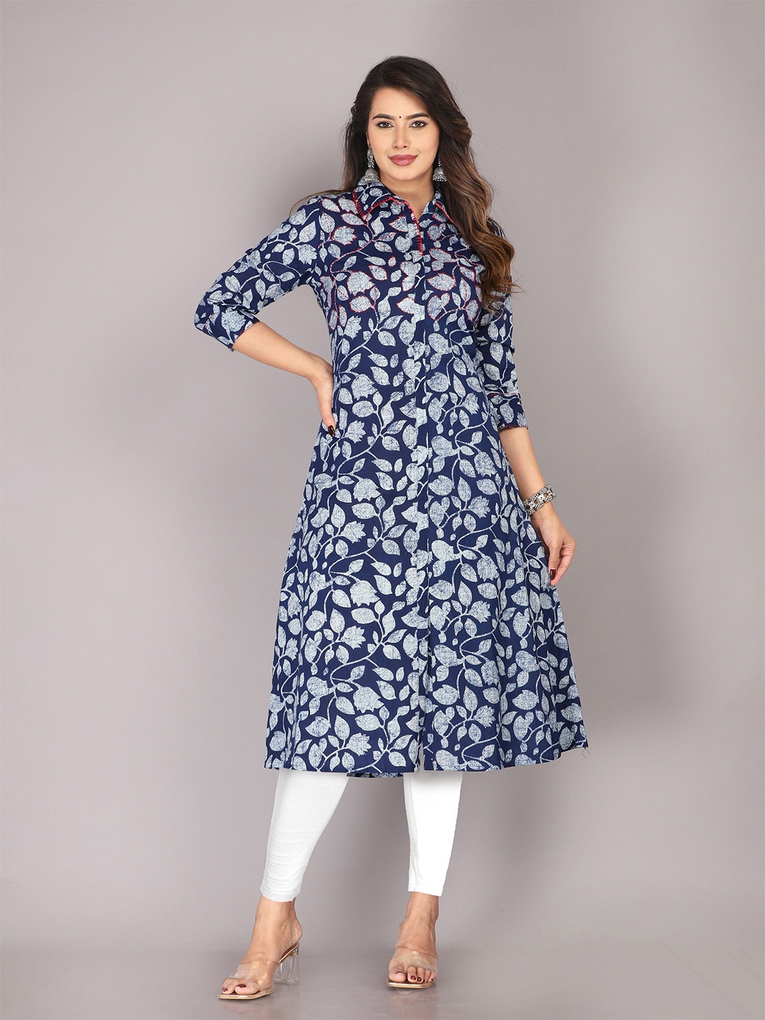 

KANNAHI Women Floral Printed Pure Cotton A-Line Kurta, Navy blue
