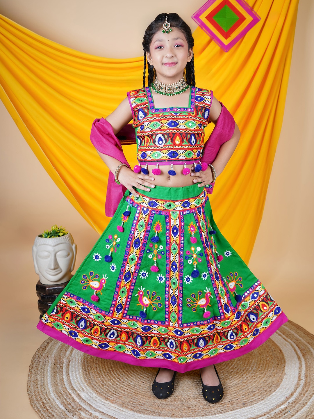 

ahhaaaa Girls Embroidered Beads and Stones Ready to Wear Lehenga & Blouse With Dupatta, Green