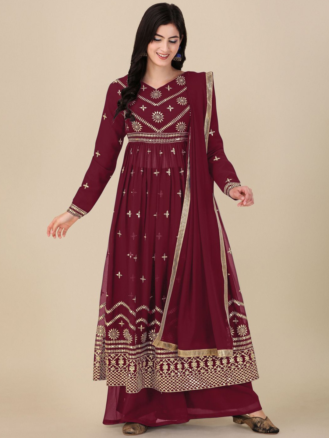 

KALINI Embroidered Sequinned Semi-Stitched Dress Material, Maroon
