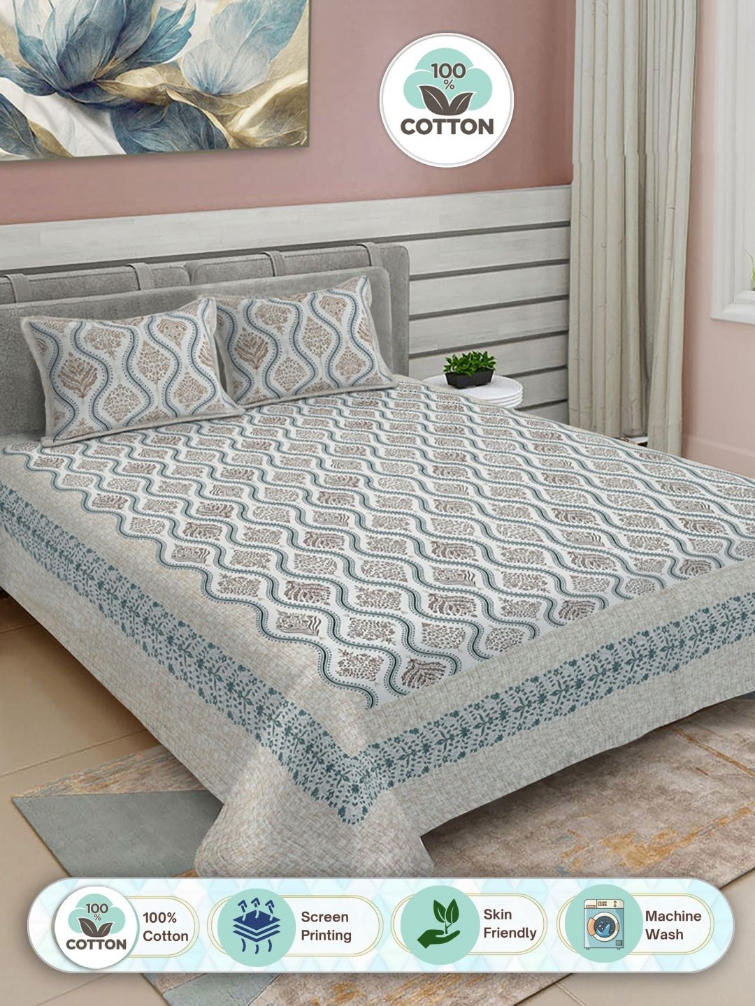 

FABINALIV White & Blue Floral Print Pure Cotton King Size Bedsheet & 2 Pillow Covers