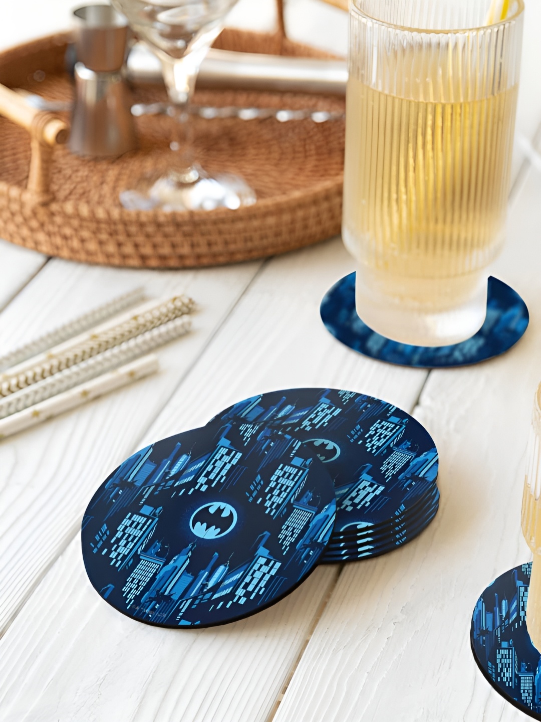 

macmerise Blue 6 Pieces Gotham Nightfall Printed Wooden Circular Coasters