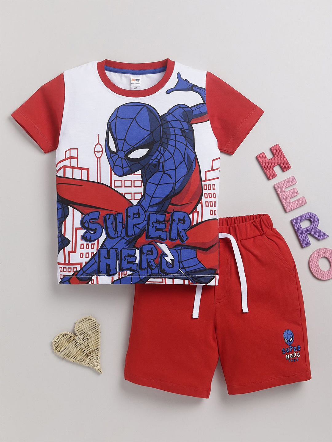 

LITTLE NINJA Boys Spider-Man Printed Pure Cotton T-shirt with Shorts, Red