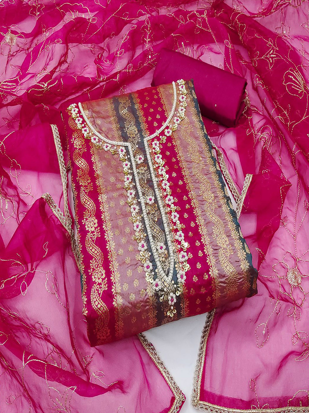 

Lilots Embellished Beads and Stones Unstitched Dress Material, Pink