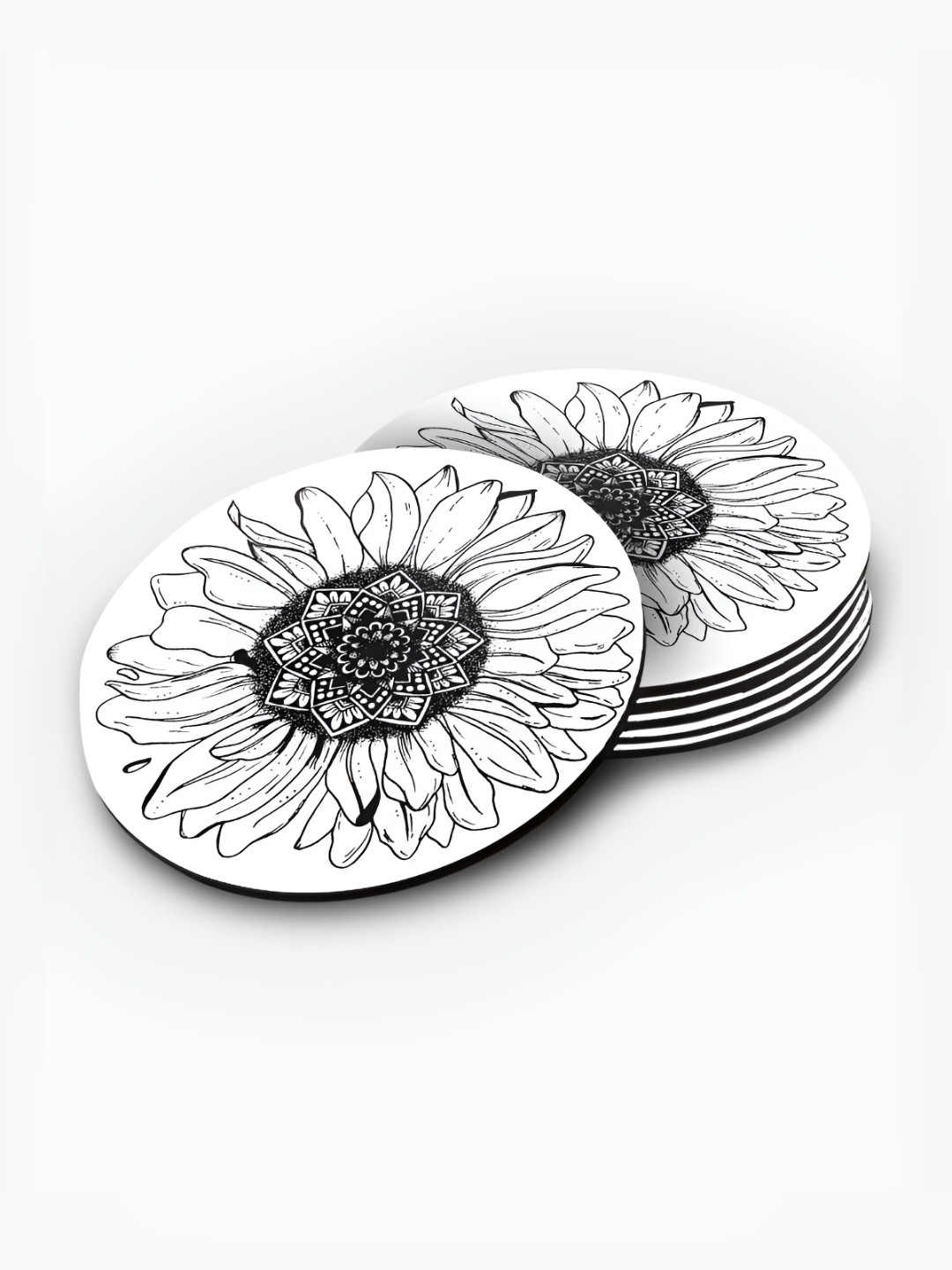 

macmerise White & Black 6 Pieces Printed Sunflower Wooden Coaster