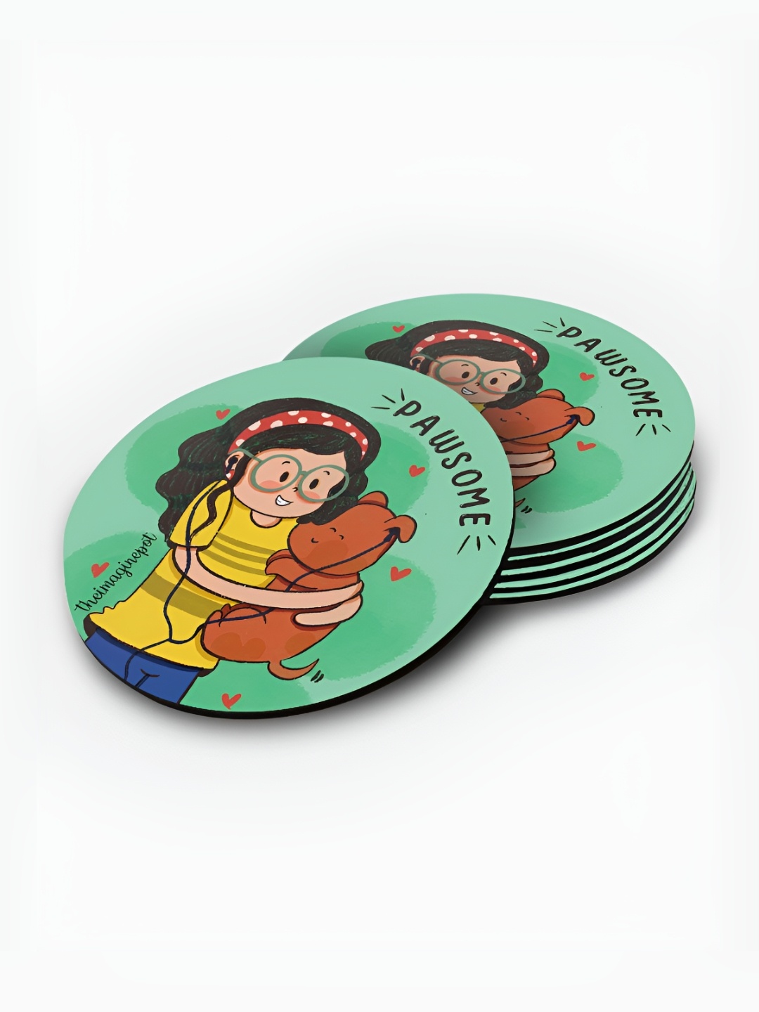 

macmerise Green & Yellow Pawsome 6 Pieces Printed Wooden Round Coasters