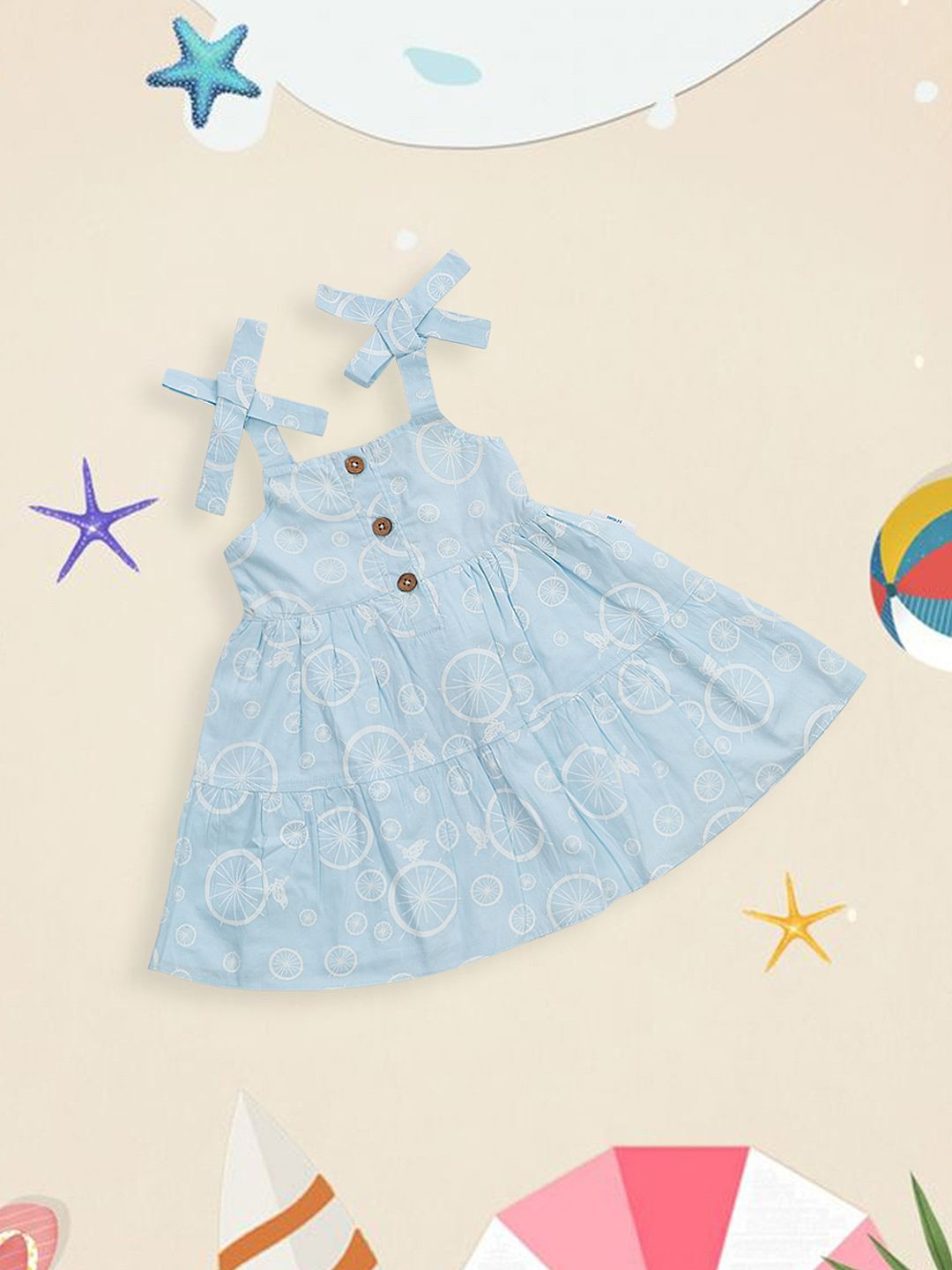 

MeeMee Girls Conversational Printed Shoulder Straps Fit & Flare Dress, Blue