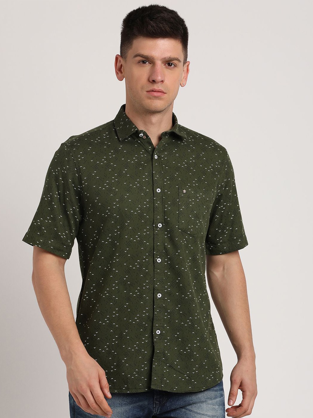 

Turtle Men Relaxed Micro Ditsy Printed Slim Fit Casual Shirt, Olive