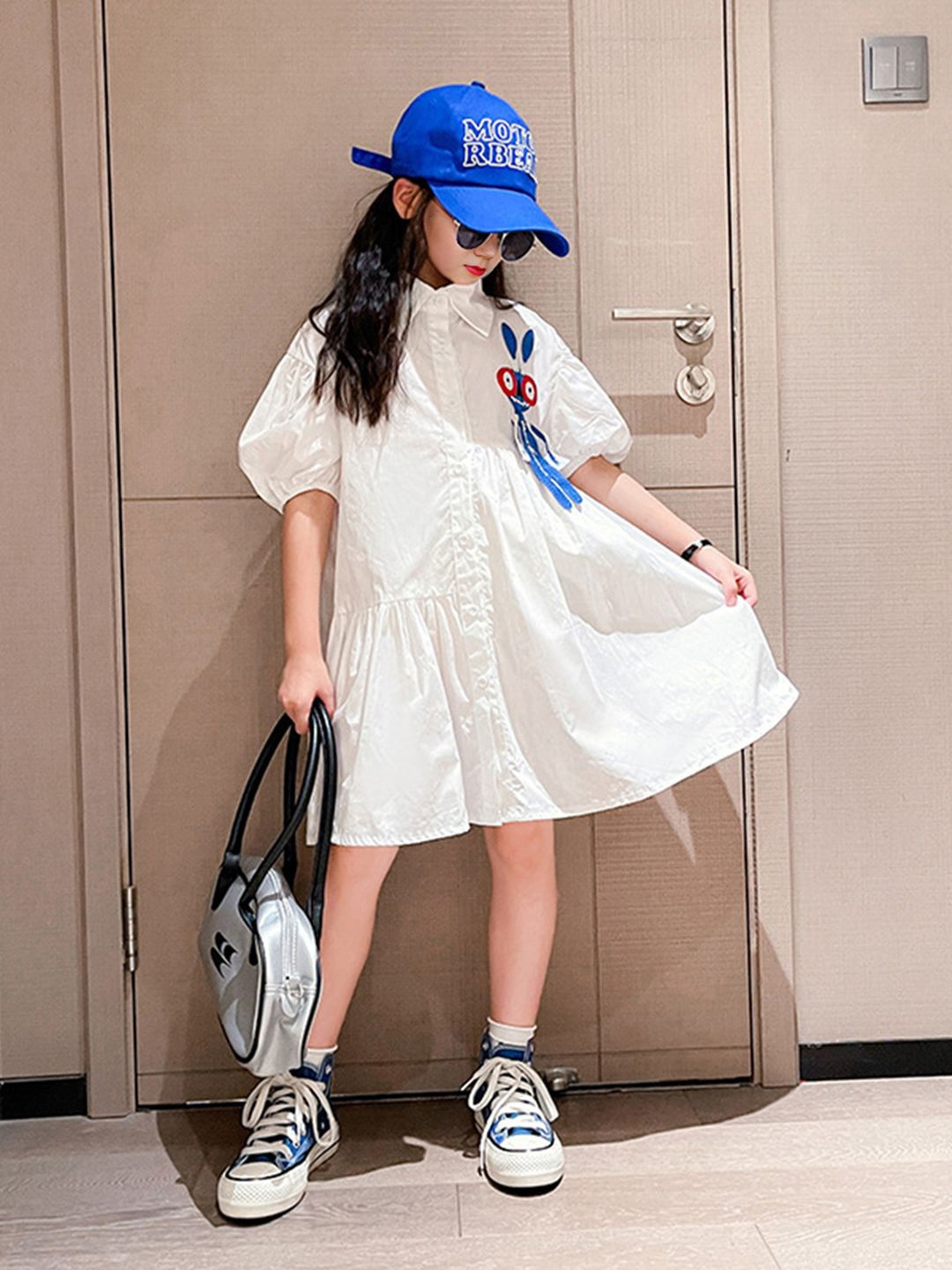 

INCLUD Girls Shirt Collar Puff Sleeves Flared Shirt Dress, White