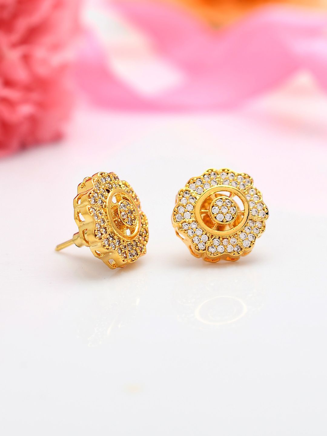 

Voylla Sparkling Elegance Gold-Plated American Diamond Studded Floral Studs