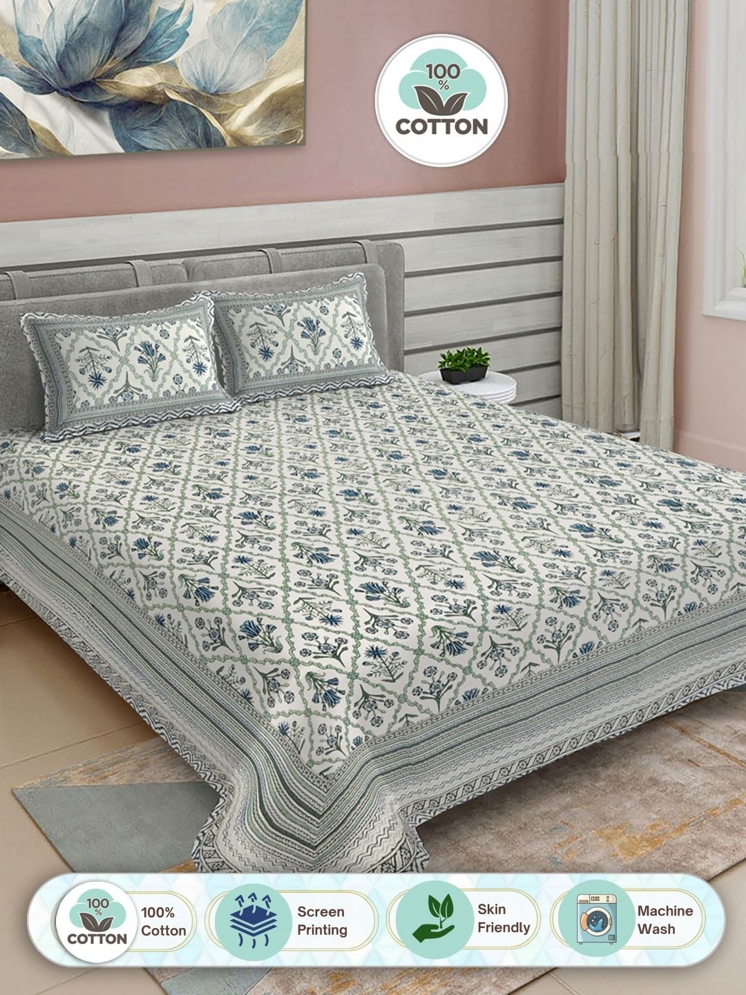 

FABINALIV Cream & Blue Floral Print Pure Cotton King Size Bedsheet & 2 Pillow Covers