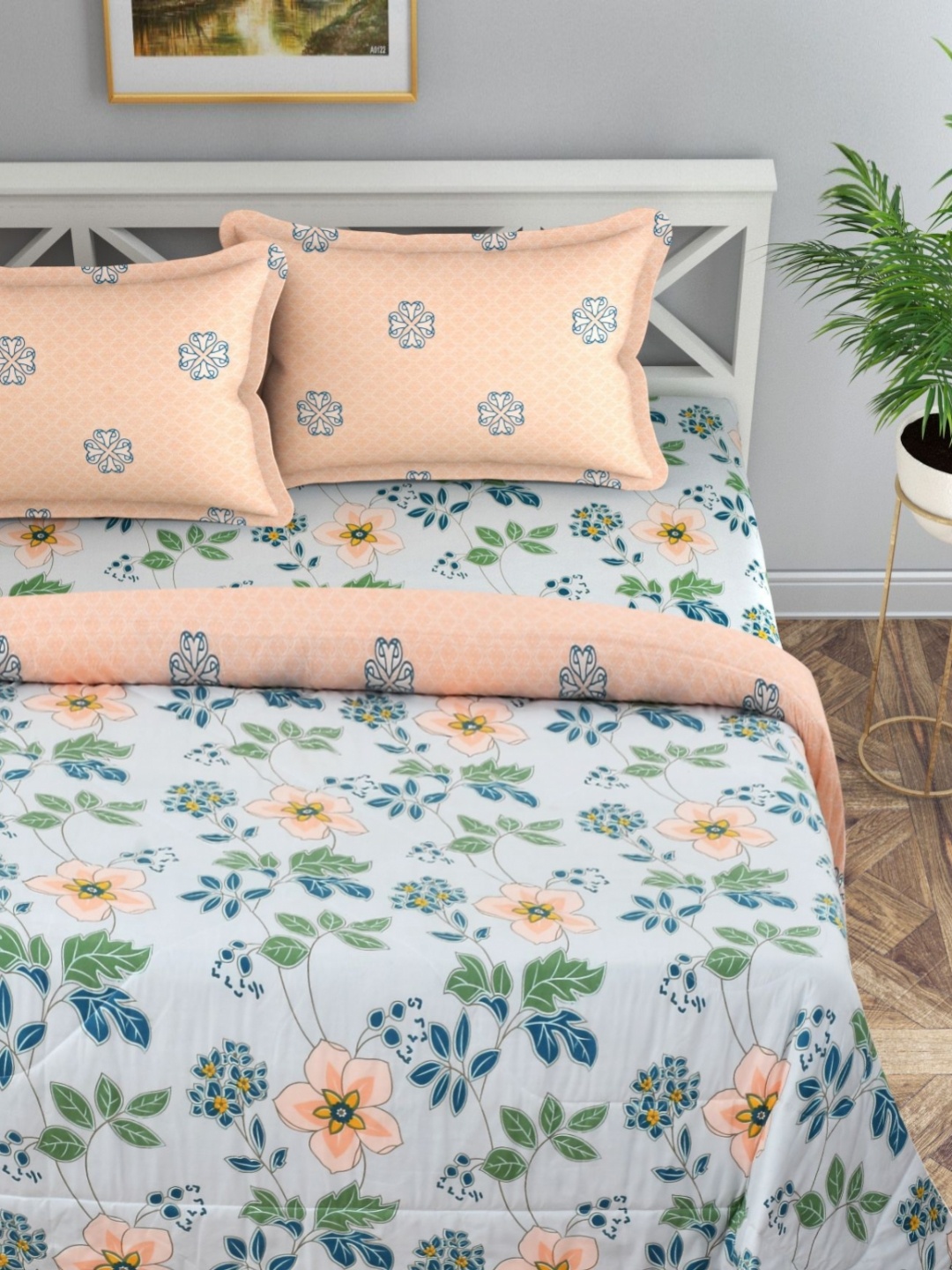 

Florida Orange & Blue Floral Cotton 4 Pieces Double King Regular Bedding Set