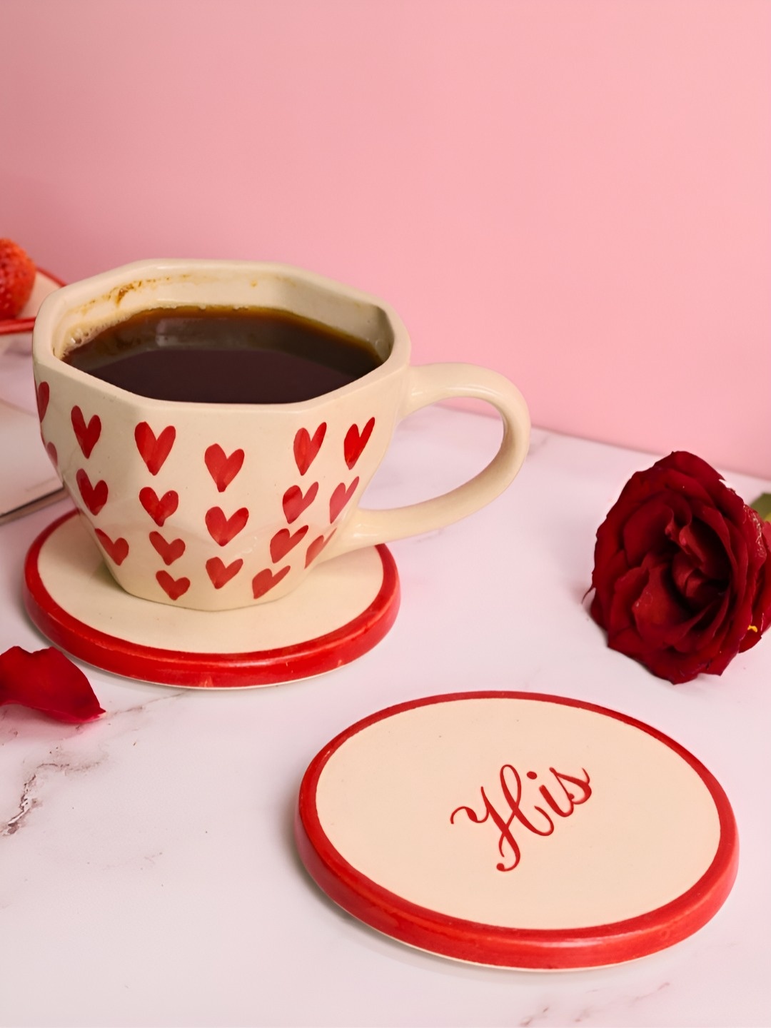 

WEAVING HOMES Red & White 2 Pieces Printed Ceramic Cup & Coaster