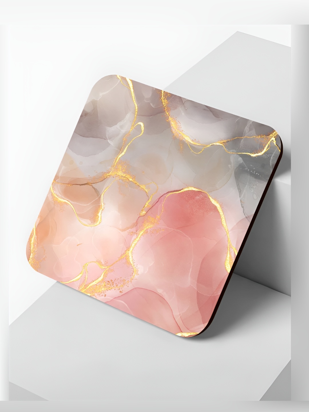 

macmerise Peach-Colored & Grey Printed Wooden Square Coaster