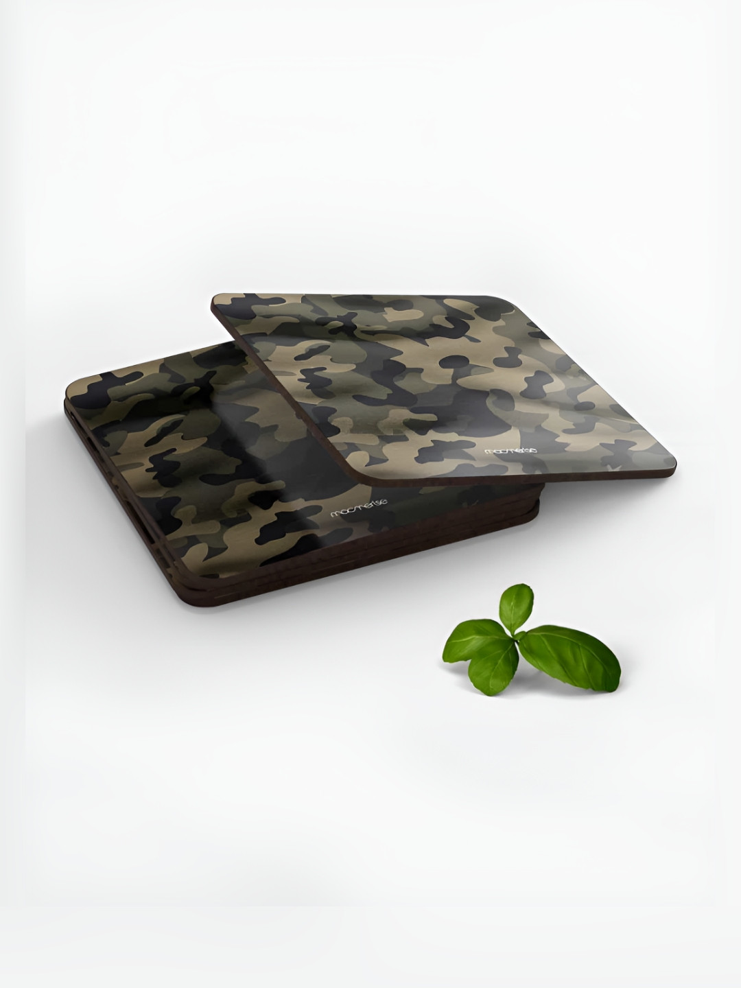 

macmerise Green & Beige Camouflage Printed Wooden Square Coaster, Black
