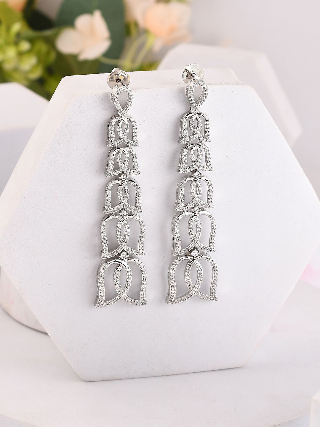 

Voylla Sparkling Elegance Lotus Dangler Rhodium Plated American Diamond Drop Earrings, Silver