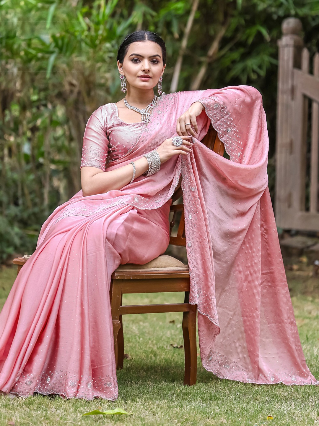 

KIMISHA Embellished Beads and Stones Satin Saree, Pink