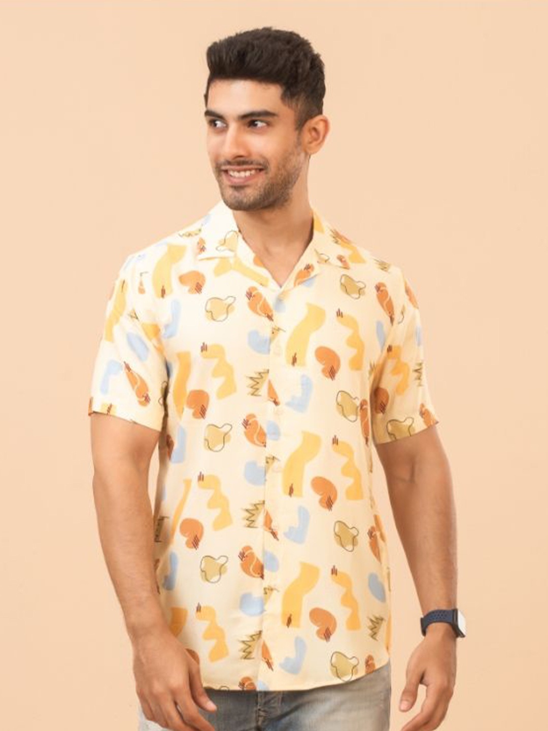 

The Bleu Label Men Classic Slim Fit Conversational Printed Casual Shirt, Cream