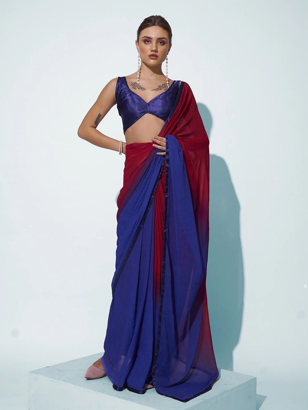 

Kalista Dyed Ombre Satin Saree, Navy blue