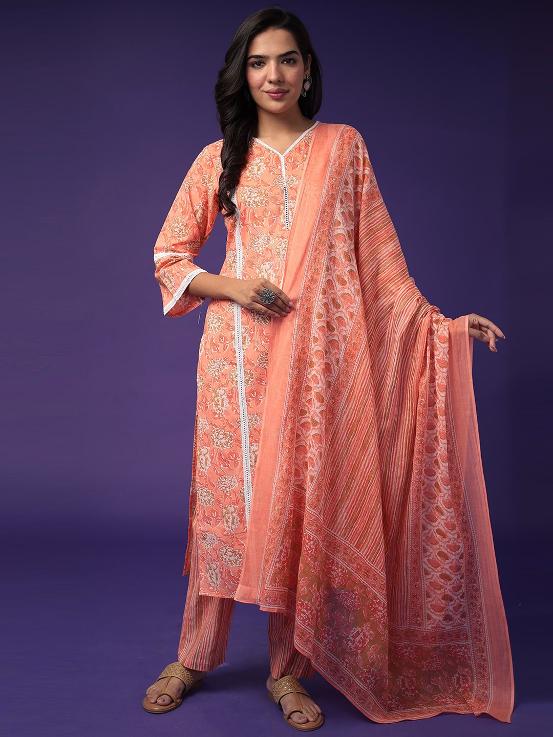

ZARI Floral Printed Gotta Patti Pure Cotton Unstitched Dress Material, Peach