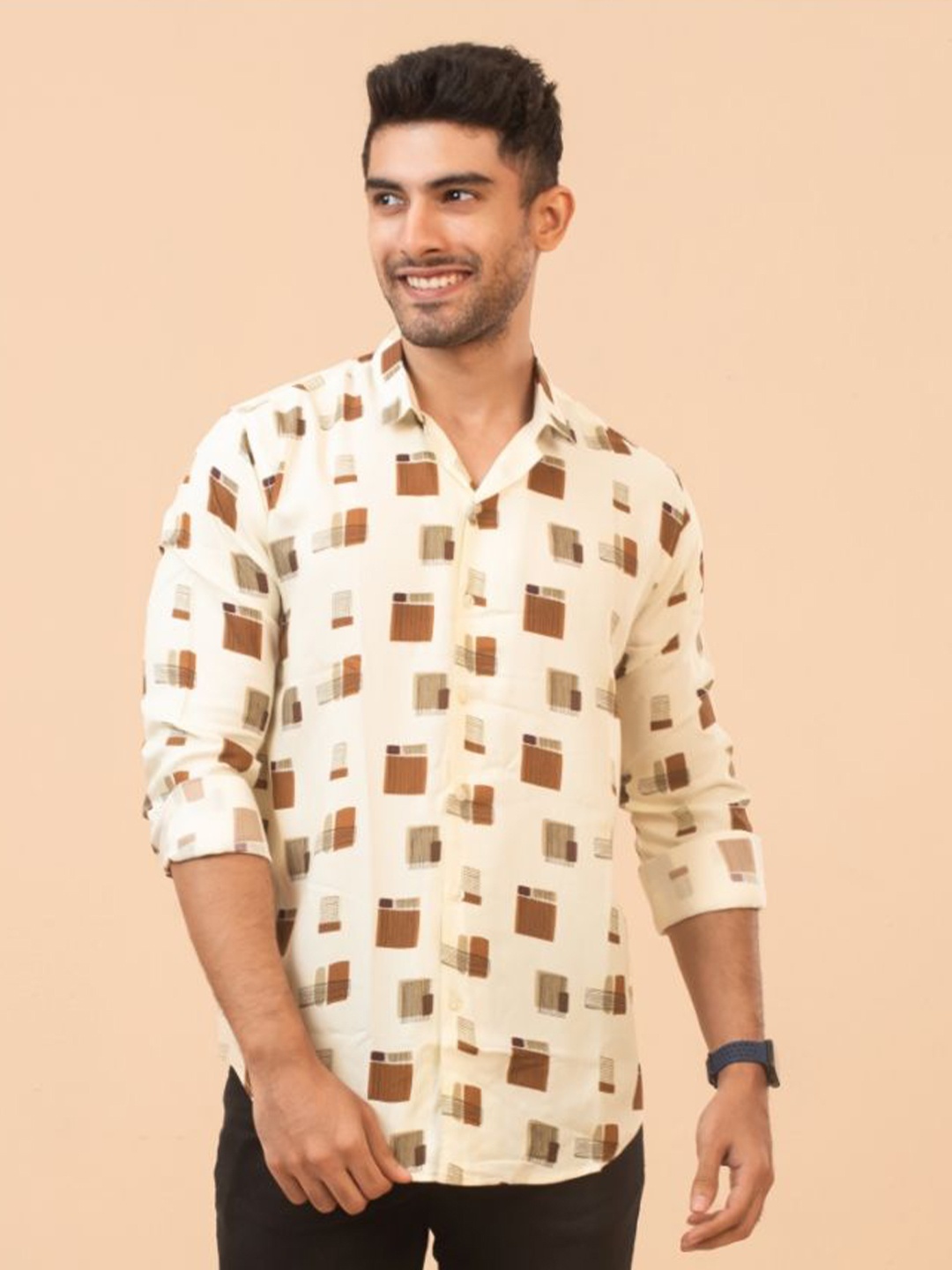 

The Bleu Label Men Classic Slim Fit Opaque Abstract Printed Casual Shirt, Cream