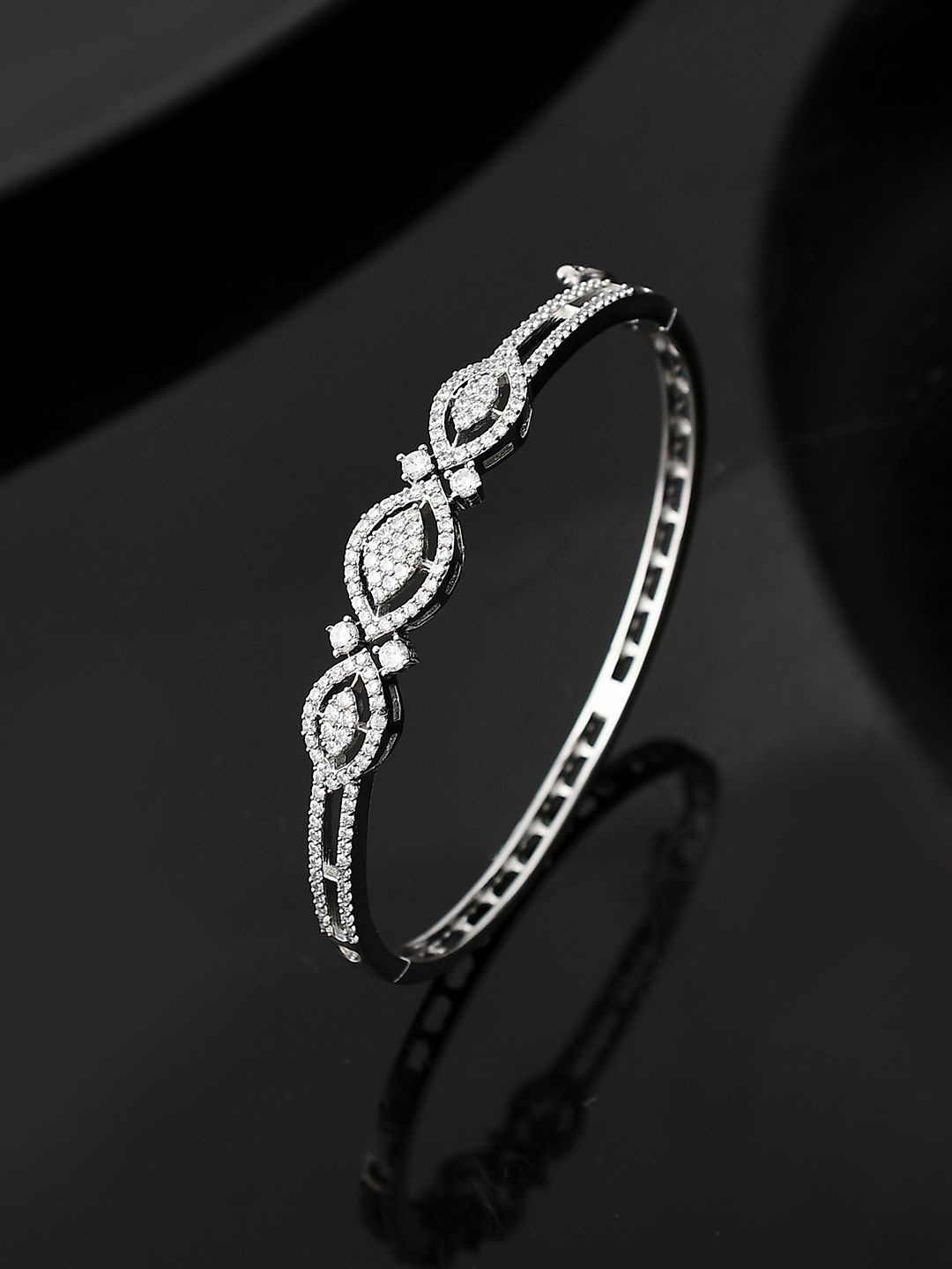 

Voylla Women Brass American Diamond Rhodium-Plated Cuff Bracelet, Silver