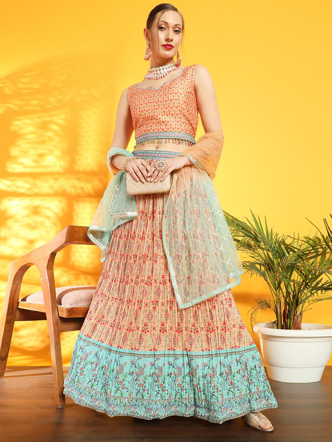 

Chhabra 555 Bohemian Printed Embellished Crop Top Lehenga With Dupatta, Peach
