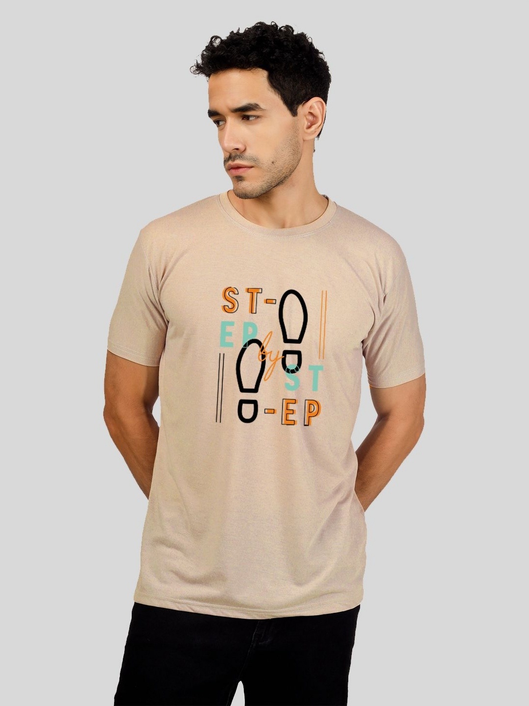 

Greylongg Men Typography Printed Round Neck T-Shirt, Beige