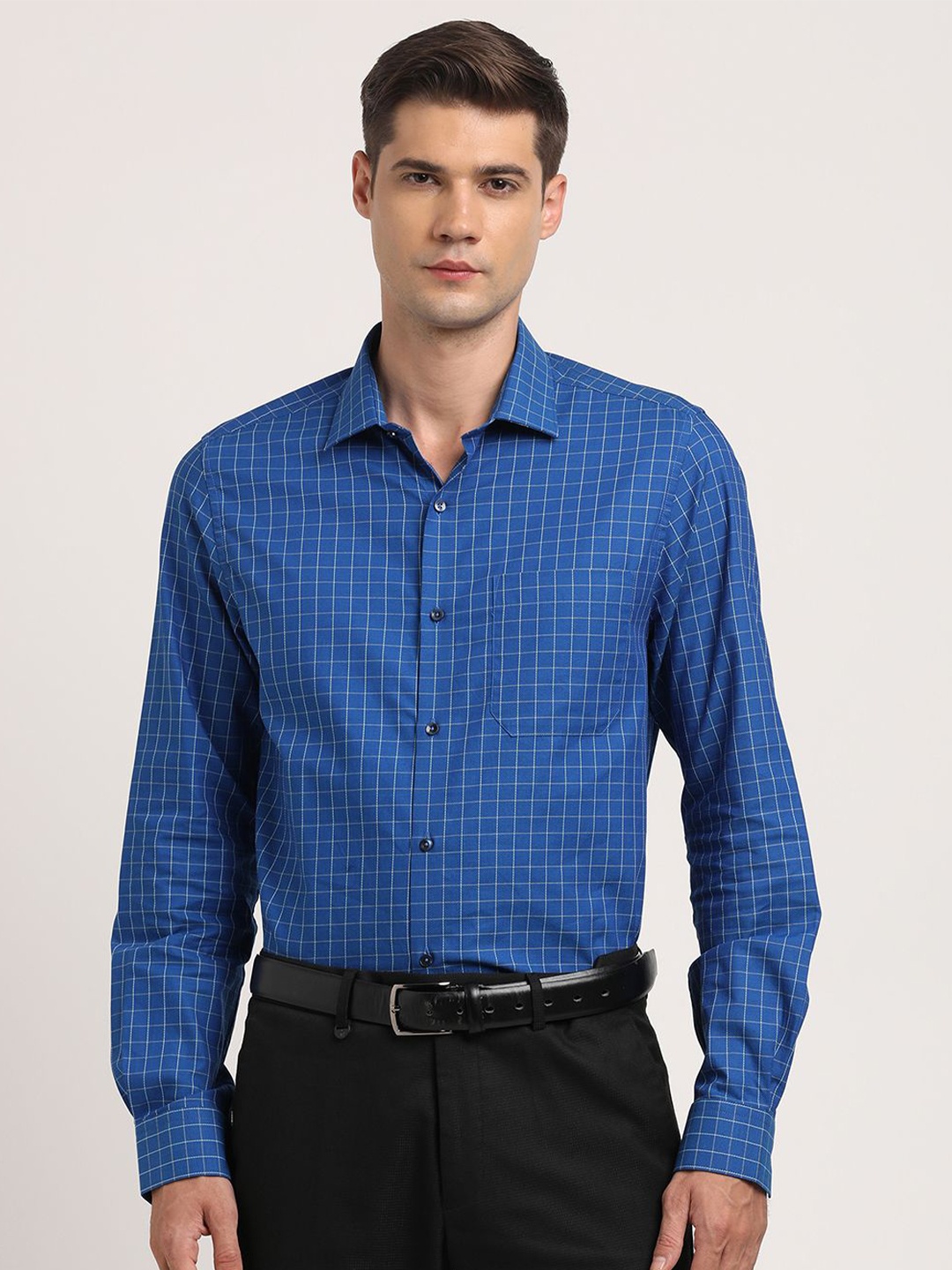 

Turtle Men Standard Spread Collar Micro Checked Cotton Slim Fit Formal Shirt, Blue