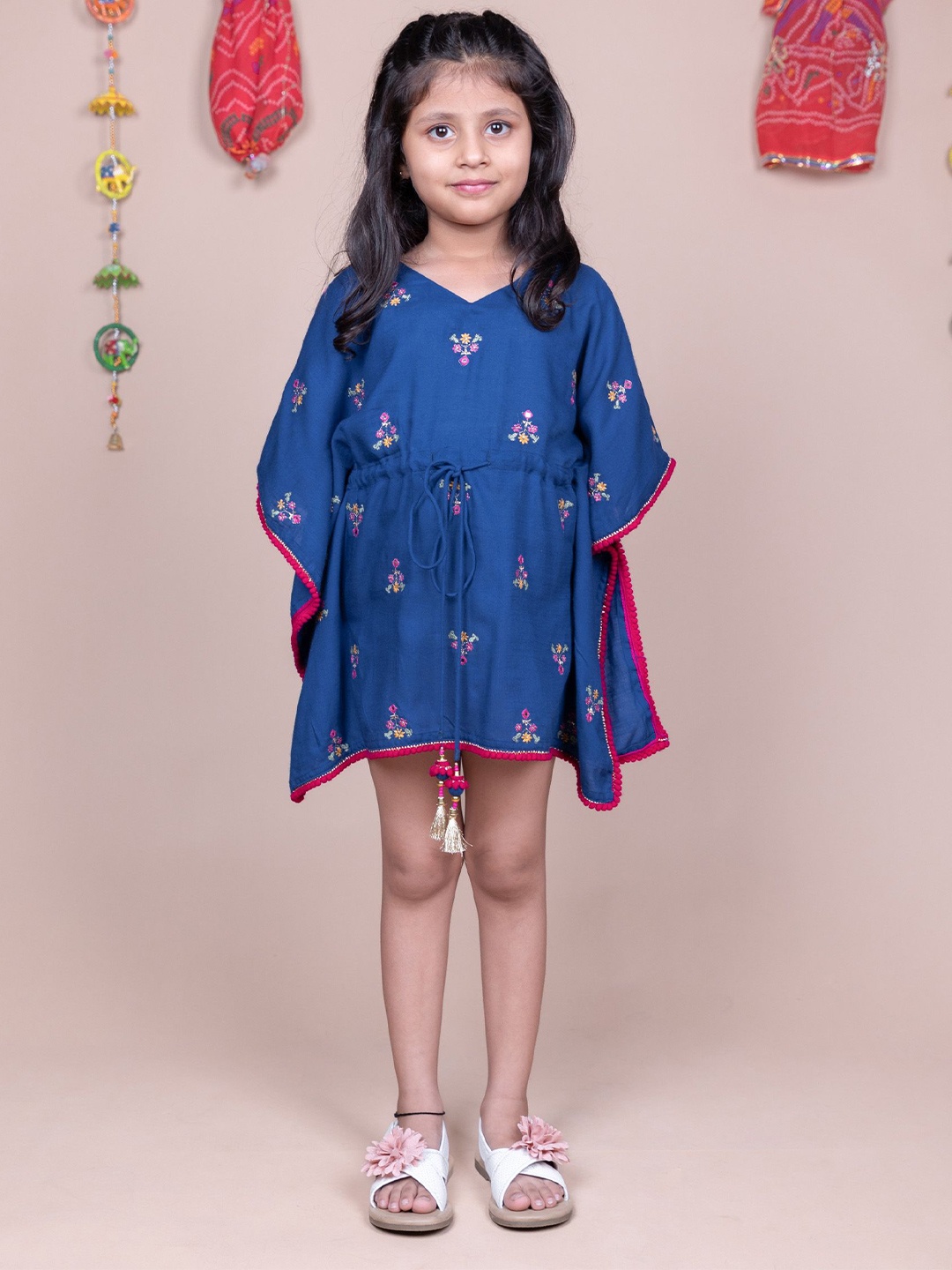 

HERE&NOW Girls Floral Embroidered Kimono Sleeve Kaftan Mini Dress, Navy blue