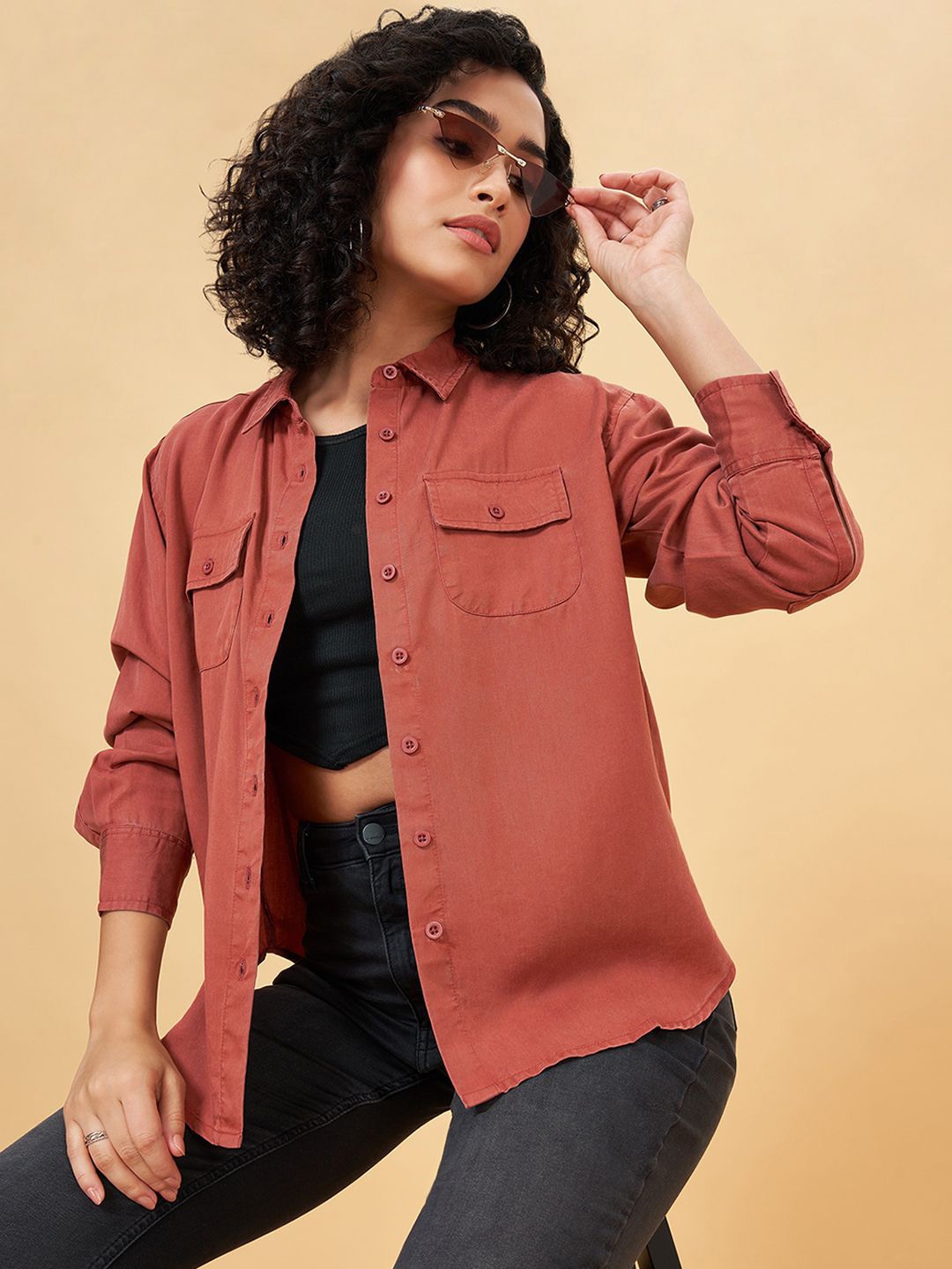 

SF JEANS by Pantaloons Cotton Shirt Style Top, Rust